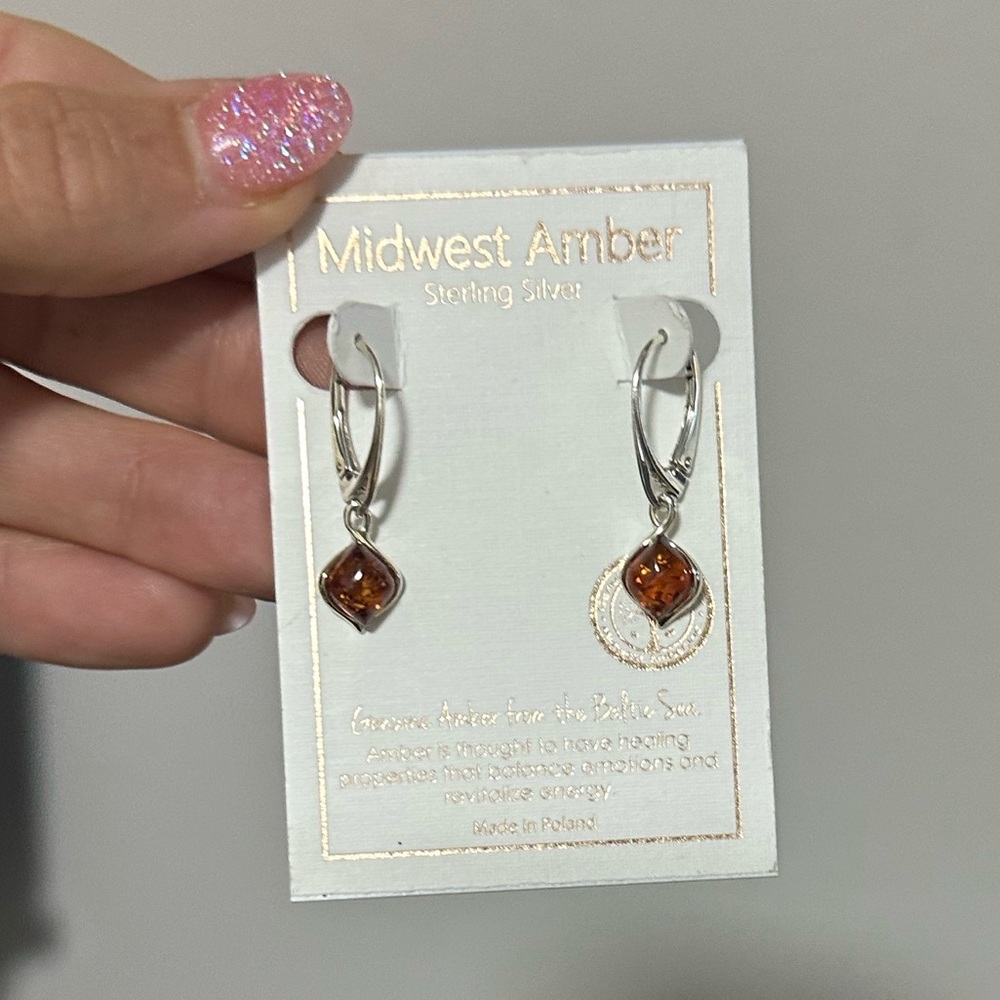 Midwest Baltic Amber dainty Sterling Silver Drop Lever Back Earrings